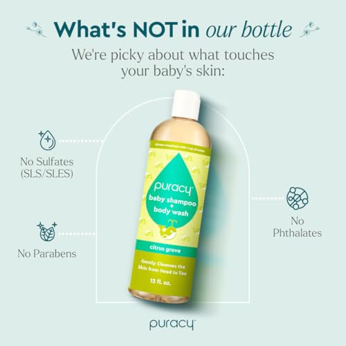 Puracy Shampoo & Body Wash for Children - Perfect Skin, Pure Ingredients with 12 Fruit & Vegetable Extracts for Silky Smooth Skin, Gentle Citrus Grove Aromas, 98.8% from Mother Nature, 12 Fl Oz (2-Pk)