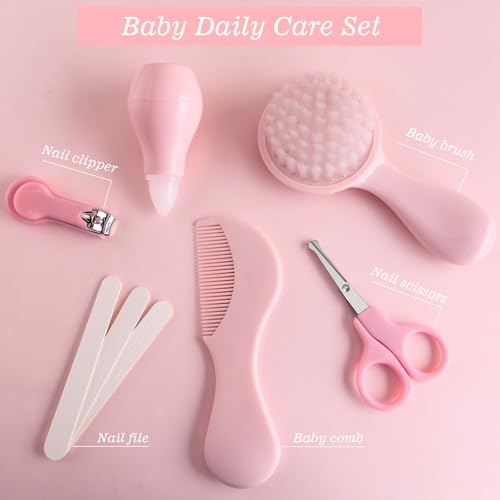 Baby Grooming Kit 6 - Piece Set in Storage Bag(Pink) - Soft Brush, Comb, Nail Clippers, Nasal Aspirator, Safety Scissors & File for Newborn/Toddler Care