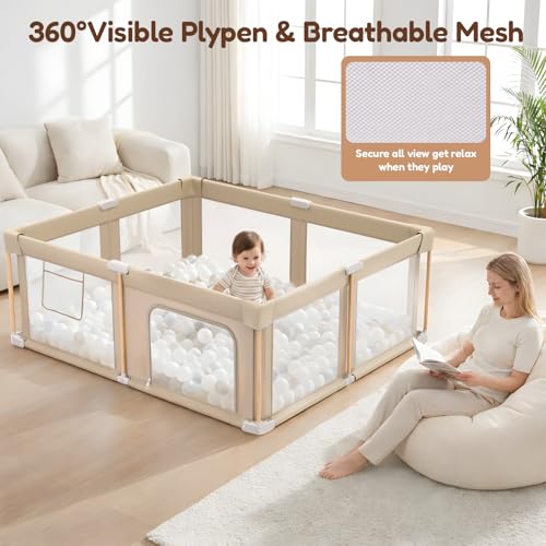 Foldable Baby Playpen with Mat, Foldable Baby Fence Play Yards for Babies and Toddlers, Play Pen with Breathable Mesh and Anti-Fall Pads (71"×59")