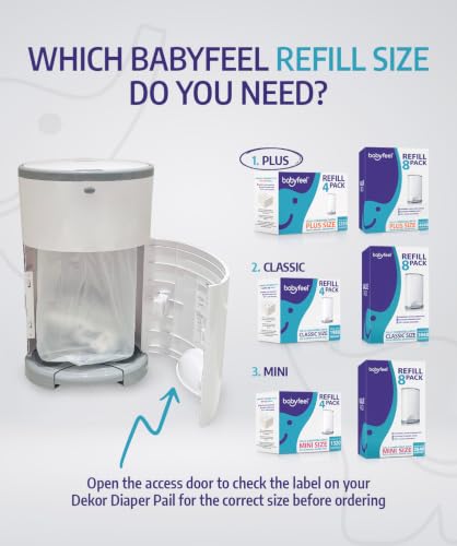 Babyfeel Refills for DEKOR PLUS Diaper Pails, 8 Pack, Exclusive 30% Extra Thickness, Fresh Powder Scent, Holds up to 4640 Diapers