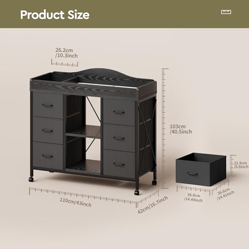 Yetom Changing Table, 6-Drawer Baby Dresser with Changing Table top,Waterproof Diaper Changing Station & Pad, 2 Height-Adjustable Open Storage Shelves, Mobile Nursery Organizer, Black
