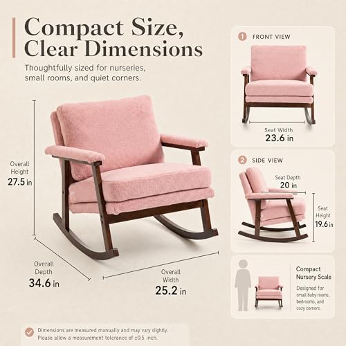 XJJWFR Rocking Chair Nursery, Compact Glider Rocking Chair for Indoor Use, Small Upholstered Rocker Chair for Bedroom Living Room, Teddy Fleece Accent Chair, Pink