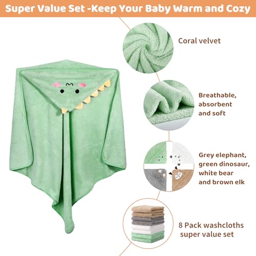 CandyHome 12 PCS Baby Bath Towels Set for Infants Toddlers, 4 PCS Animal Hooded Baby Towels & 8 PCS Washcloths Set, Ultra Absorbent Cute Soft Newborn Bath Essentials Gifts for Boys & Girls