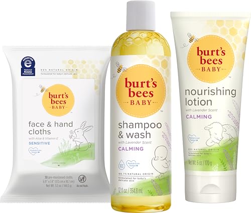 Burt's Bees Baby Gift Set for Baby Showers, Includes Baby Essentials, Shampoo and Wash with Lavender, Body Lotion, Wipes and Cloths, Naturally-Derived Origin Skincare, 3 Count