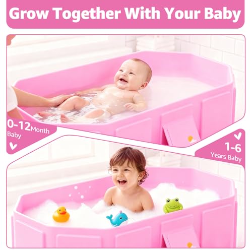 Collapsible Baby Bathtub, Toddler Bathtub with a Drain Plug, Folded for Storage Without Assembly, Suitable for Newborns to Toddlers, Portable Bathtub for Outdoor Travel, Pink