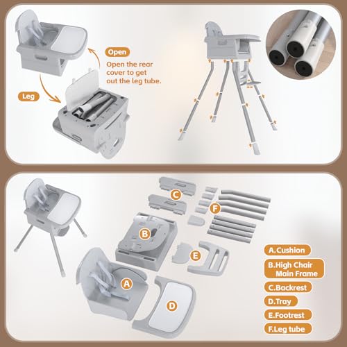 EverKiddo Baby High Chair for 6 Months+, Foldable High Chairs for Babies and Toddlers, Convertible High Chair, Adjustable Tray & Footrest, Portable High Chair & Easy to Clean(Gray)