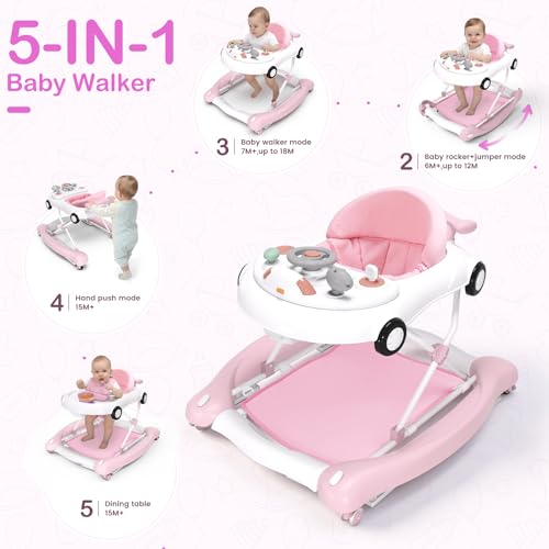 Baby Walker, 5-in-1 Baby Walker for Boys and Girls with Bouncer, Removable Footrest, Music, Foldable & Adjustable Speed Wheels Activity Walker for 6-18 Months Toddler Infant(Pink)