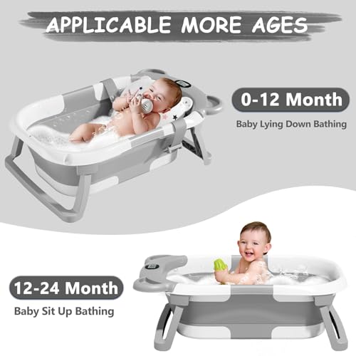 MoreFeel Collapsible Baby Bathtub for Newborn with Thermometer & 1 Hooded Towel & 1 Soft Floating Cushion,Portable Travel Bathtub with Drain Hole, Durable Foldable Baby Tubs for Infants to Toddler