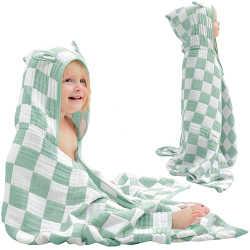 HardNok Ultra-Soft Muslin Toddler Hooded Towel - 55 x 28 Inches, Ideal for Bath & Beach, Suitable for Both Boys & Girls from Newborns to Toddlers Green Check