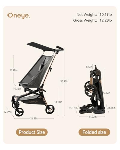 Oneye Travel Stroller for Airplane, Ultra Lightweight Baby Stroller for Toddlers with Canopy, Foldable & Compact Strollers with Jumbo Seat & Large Storage Basket,10.19lb,Stable & One-Hand Fold, Black