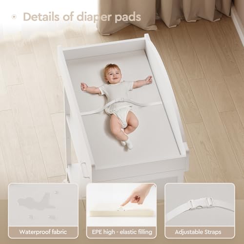YeTom Changing Table Dresser, Baby Dresser with 3 Fabric Drawers and 2 Shelves, Multi-Functional Baby Changing Table with Pad, Classic Nursery Dresser, Diaper Changing Station for Nursery, White
