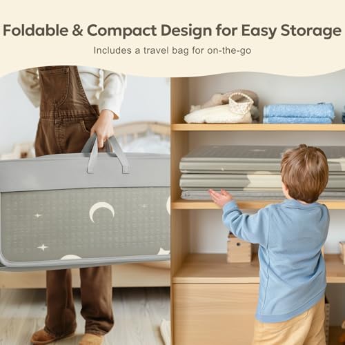 Mallify Extra Large Foldable Play Mat, Reversible Baby Play Mat with Edge Reinforcement, Non-Toxic & Waterproof Baby Mat for Floor, Foam Playmat with Travel Bag, Rainbow, Cloud & Moon, 79"x71"