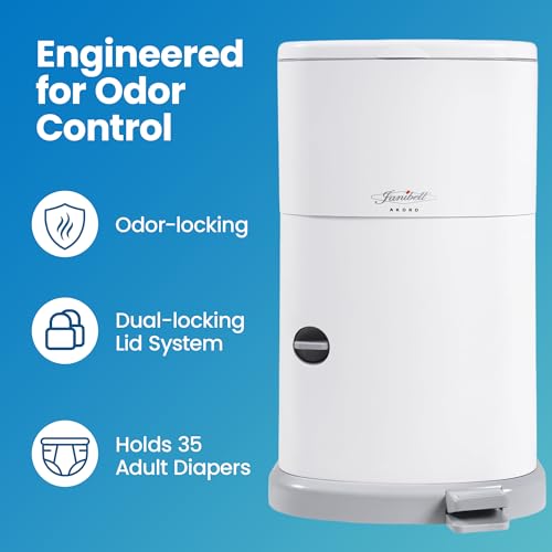 Janibell Akord 330 Adult Diaper Pail System – Holds Up to 35 Adult Diapers per Load, 560 Diapers per Refill Roll, 11-Gallon Hands-Free Step-On Trash Can, Odor-Locking Double Seal, White Resin