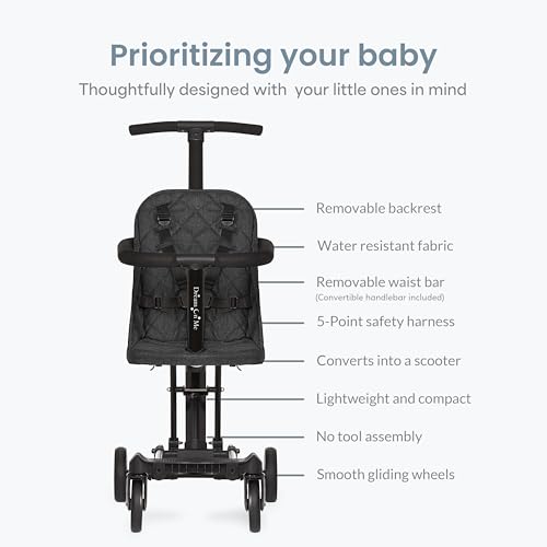 Dream On Me Coast Rider Travel Stroller, Lightweight & Compact Baby Stroller, Theme Park Approved, Book-Folding Design, Adjustable Handle, Soft-Ride Wheels, Converts to Rider & Scooter - Black