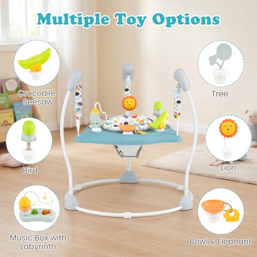 BABY JOY Baby Activity Center, Baby Jumpers and Bouncers with Music, 360° Rotating Seat, 3 Adjustable Heights, Montessori-Inspired Activity Center for Baby 7-15 Months (Baby Blue)