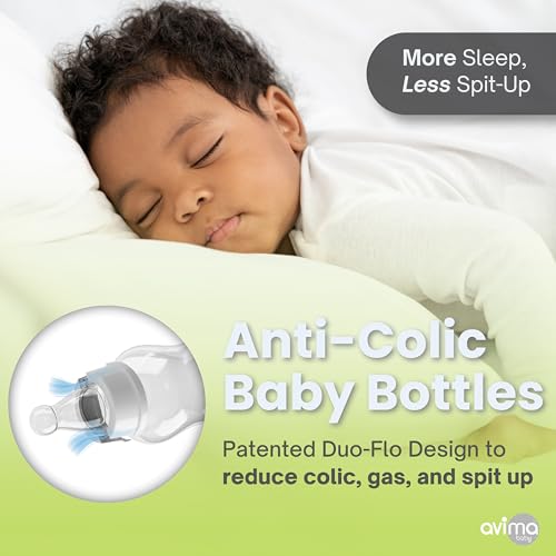 Avima 10 oz Anti Colic Baby Bottles w Medium Flow Nipples. 4-7M (Set of 8)