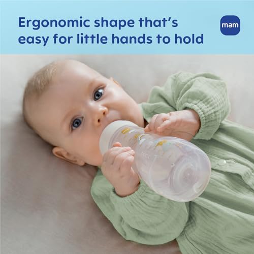 MAM Easy Active Natural Flow Anti-Colic Baby Bottle, 4+ Months, 4 Pack, 11oz, BPA Free, Fast Flow Skin Soft Silicone Anti-Colic Nipple, Anti-Slip Grip, Leak-Proof, 4+ Months, Made in Europe, Grey