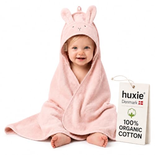 Huxie Hooded Baby Towel – 100% Organic Cotton Baby Bath Towels – Baby Girl Newborn Essentials - Super-Soft and Absorbent. (Rabbit - Blush)