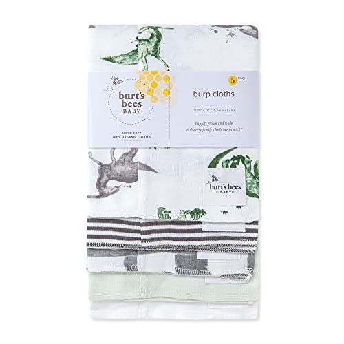 Burt's Bees Baby Organic Cotton Burp Cloths, 5-Pack, 17 x 12 Inches, Soft, Absorbent, Machine Washable, Happy Herbivores Solid Color