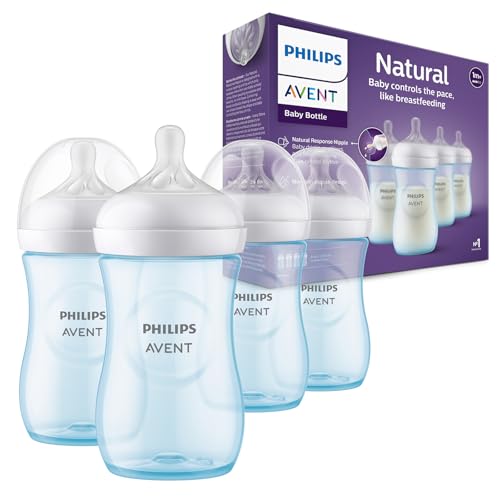 Philips Avent Natural Baby Bottles with Natural Response Nipples (Medium Flow, Flow 3), 9oz, Blue, 4-Pack, SCY903/24