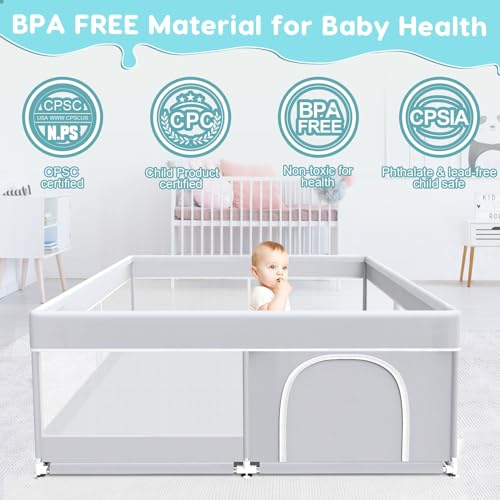 Fshibila Baby Playpen, 50x50 Inch Baby Playard for Babies and Toddlers, Play Pens for Indoor & Outdoor, Sturdy Safety Play Yard with Soft Breathable Mesh, Anti-Fall, Grey