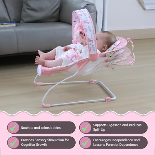 Portable Baby Bouncer Seat with 8 Melodies, 3 Vibration Levels & Adjustable Volume, Foldable Infant Bouncer Rocker with Safety Harness for Baby 0-6 Months, Indoor & Outdoor Use BR2402