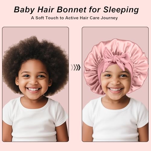 FIRSTPELLA 3 Pcs Baby Hair Bonnet for Sleeping - Kids Silk Satin Bonnets for Girls Curly Hair,Satin Sleep Bonnet for Teens Toddler Child(Pink+Black+Purple)