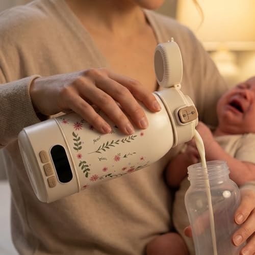 Kasey Mae Portable Bottle Warmer for Travel – Precise Heating for Breastmilk & Formula - Fast 3-Minute Heating, USB Rechargeable, Baby Milk & Formula Warmer On the Go, Long Battery, Floral, 17oz