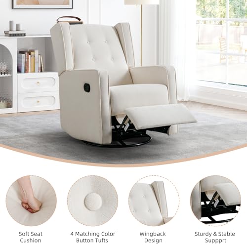 CANMOV Swivel Rocker Recliner Chair, Rocking Chair Nursery Glider Recliner, Manual Glider Chair for Nursery, White