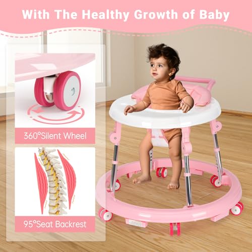Baby Walker Foldable with 9 Adjustable Heights, Baby Walker with Wheels Portable, Infant Toddler Walker for Baby Boy Girls 6-18 Months (Pink)