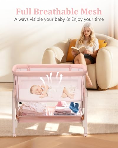 3 in 1 Baby Bassinet with Wheels, Bedside Bassinet Sleeper for Newborn, Portable Baby Crib with 7 Adjustable Height & Large Storage Basket & Full-Mesh, Easy Folding Baby Bed for Infant (Pink)