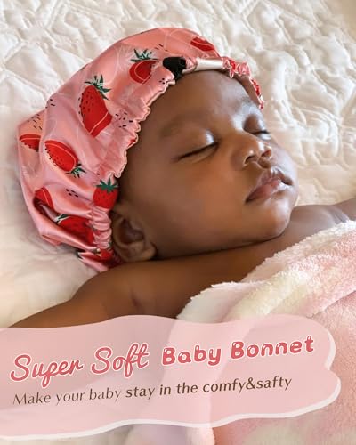 YANIBEST Baby Satin Bonnet Sleep Cap - Double Layer Reversible Adjustable Silky Satin Cap for Infant Toddler(6-36Months,Strawberry)