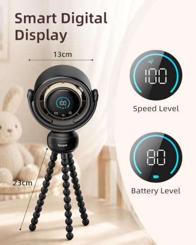 Spopal Portable Baby Stroller Fan, 120° Auto Swing 100-Speed Quiet with LED Display Clip Fan for Stroller, 3-Level Night Light, Powerful Cooling Fan for Car Seat, Crib, Travel - Black