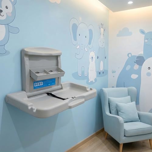 Baby Changing Station Wall Mounted,Commercial Baby Changing Station with Safety Strop,Foldable Wall Mounted Changing Table for Commercial Bathroom,Suitable for Commercial, Hotels & Airports