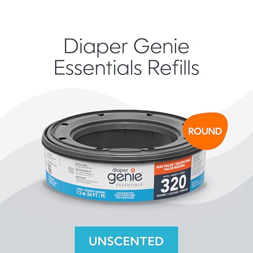 Diaper Genie Essentials Round Refill Pack of 4 | Holds Up to 1280 Newborn Diapers | Features Unscented Continuous Film | Compatible with Diaper Genie Complete and Expressions Pails