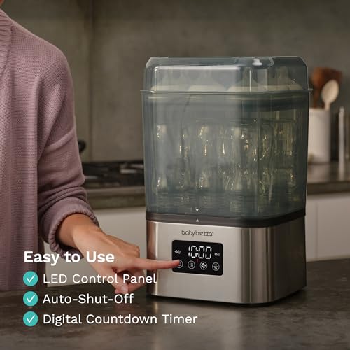 Baby Brezza 10 Minute SuperQuick Bottle Sterilizer + Dryer - Large 8 Bottle Capacity - Steam Sanitization – Universal Fit for All Bottles: Plastic + Glass + Pacifiers + Breast Pump Parts, Stainless