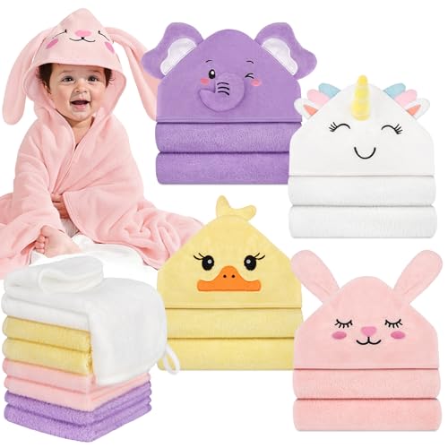 CandyHome 12 PCS Baby Bath Towels for Infants Toddlers, 4 PCS Animal Hooded Baby Towels & 8 PCS Washcloths Set, Ultra Absorbent Soft Cute Newborn Bath Essentials Gifts for Boys & Girls