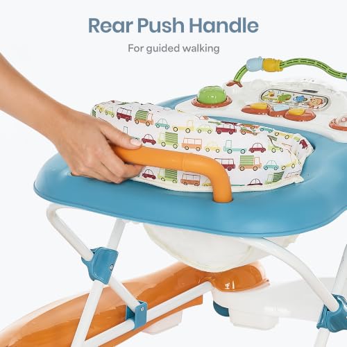 Dream On Me Go-Getter Baby Walker with Rear Push Handle, 2-in-1 Activity Walker and Walk-Behind, 3 Height Adjustments, Easy to Fold, Machine-Washable Seat Pad, Detachable Fun Tray, Orange