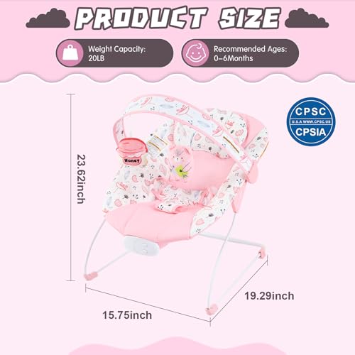Portable Baby Bouncer Seat with 8 Melodies, 3 Vibration Levels & Adjustable Volume, Foldable Infant Bouncer Rocker with Safety Harness for Baby 0-6 Months, Indoor & Outdoor Use BR2402