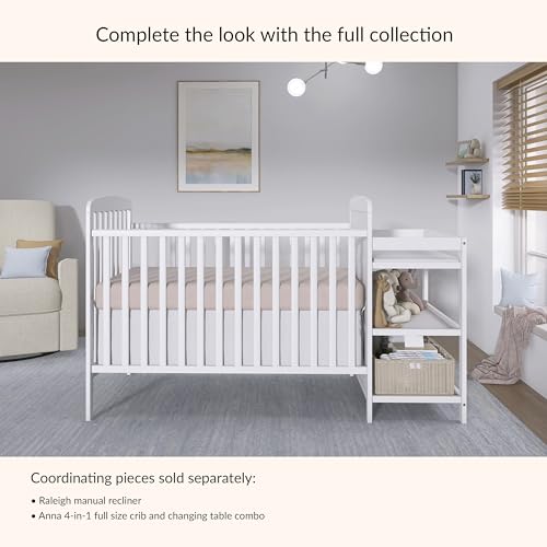 Dream On Me Anna 3-in-1 Convertible Full-Size Baby Crib & Changer with Storage in White, GreenGuard Gold & BSA, Pinewood, Converts to Day & Toddler Bed, 3 Mattress Heights, 1″ Changing Pad