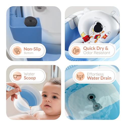 Collapsible Baby Bathtub for Newborn Infant Girl & Boy 0-24 Months, Foldable Portable Bathtub with Thermometer, Heat Sensor, Drain Plug, Water Scoop, Cushion Pillow, Compact Travel Bath Tub for Shower