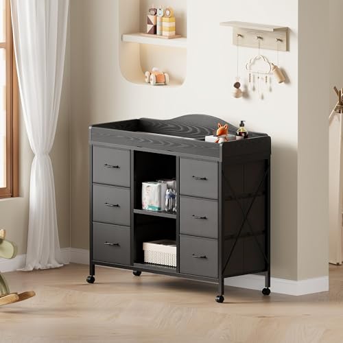 Yetom Changing Table, 6-Drawer Baby Dresser with Changing Table top,Waterproof Diaper Changing Station & Pad, 2 Height-Adjustable Open Storage Shelves, Mobile Nursery Organizer, Black
