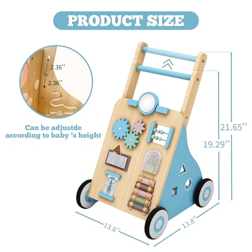 Tltaroni Baby Walker with Activity Center, Wooden Walker Toddler Push Walker Adjustable Height and Speed Montessori Walker Toy for Boys Girls Ages 9+ Months, Blue