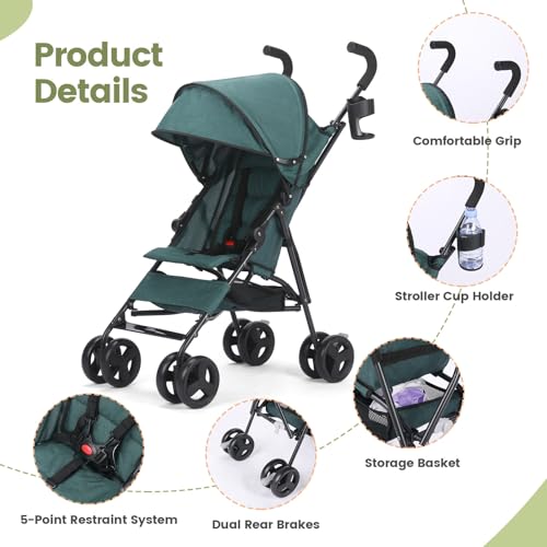 6-36M Baby Stroller, Umbrella Stroller with Foldable Pushchair with Adjustable Canopy, Folding Infant Newborn Pram Stroller with Storage Basket, Cup Holder, Suspension Wheels for Infants (Dark Green)
