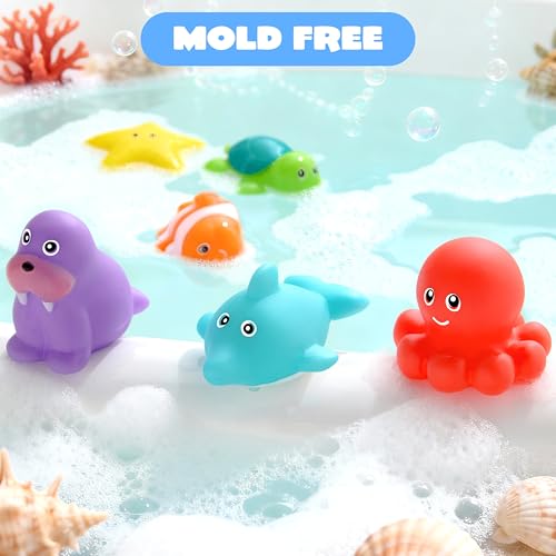 JOYIN 6 Pcs Sea Animal Bath Toys, Sealed & No-Hole & Mold Free Bathtub Toys for Kids, Non-Toxic & Soft Water Vehicles Toys, Squeezable & Float on Water, Bath & Pool Play for Boys and Girls
