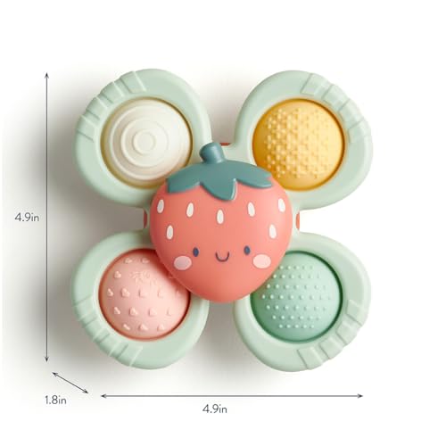 Itzy Ritzy Pop & Whirl – Fidget Spinner Travel & Bath Toy for Babies & Toddlers – Fidget w/Textured Silicone Popper to Develop Fine Motor Skills –Sticks to Highchairs, Tables, Tubs, More (Strawberry)