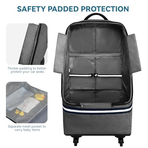 RUCYEN Rolling Car Seat Travel Bag, Padded Carseat Travel Backpack for Airplane,Large Durable Travel Bag with 4 Wheels,Adjustable Shoulder Strap and Waterproof Base Dark Grey