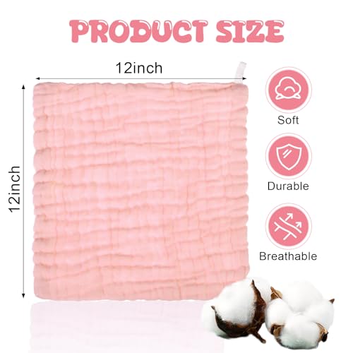 Breling 20 Pcs Baby Muslin Washcloth 12 x 12 Inch 100% Cotton Soft and Absorbent Muslin Washcloth Burp Cloth Wipe Newborn Face Towel for Baby Boy Girl Sensitive Skin(Powder Pink, White, Pink)