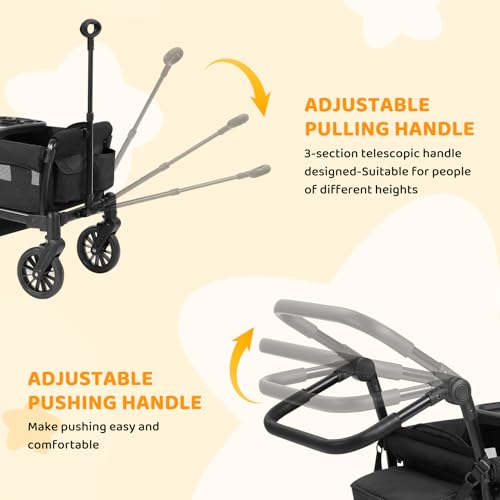 ELEMARA Stroller Wagon, 2 Seat Stroller for 2 Kids, Premium All Terrain Stroller for Kids w/Removable Canopy, Adjustable Push/Pull Handle, Large Storage Bag, Black