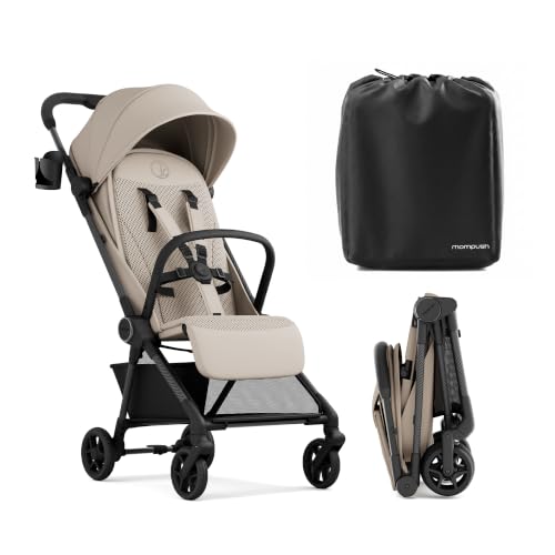 Mompush Nexis Carbon Travel Stroller, Ultra-Lightweight 11.5 lbs, Compact & Airplane Carry-On Approved, One-Second Auto-Fold, One-Hand Full Recline, from Birth to 50 lbs, JPMA Certified, Khaki
